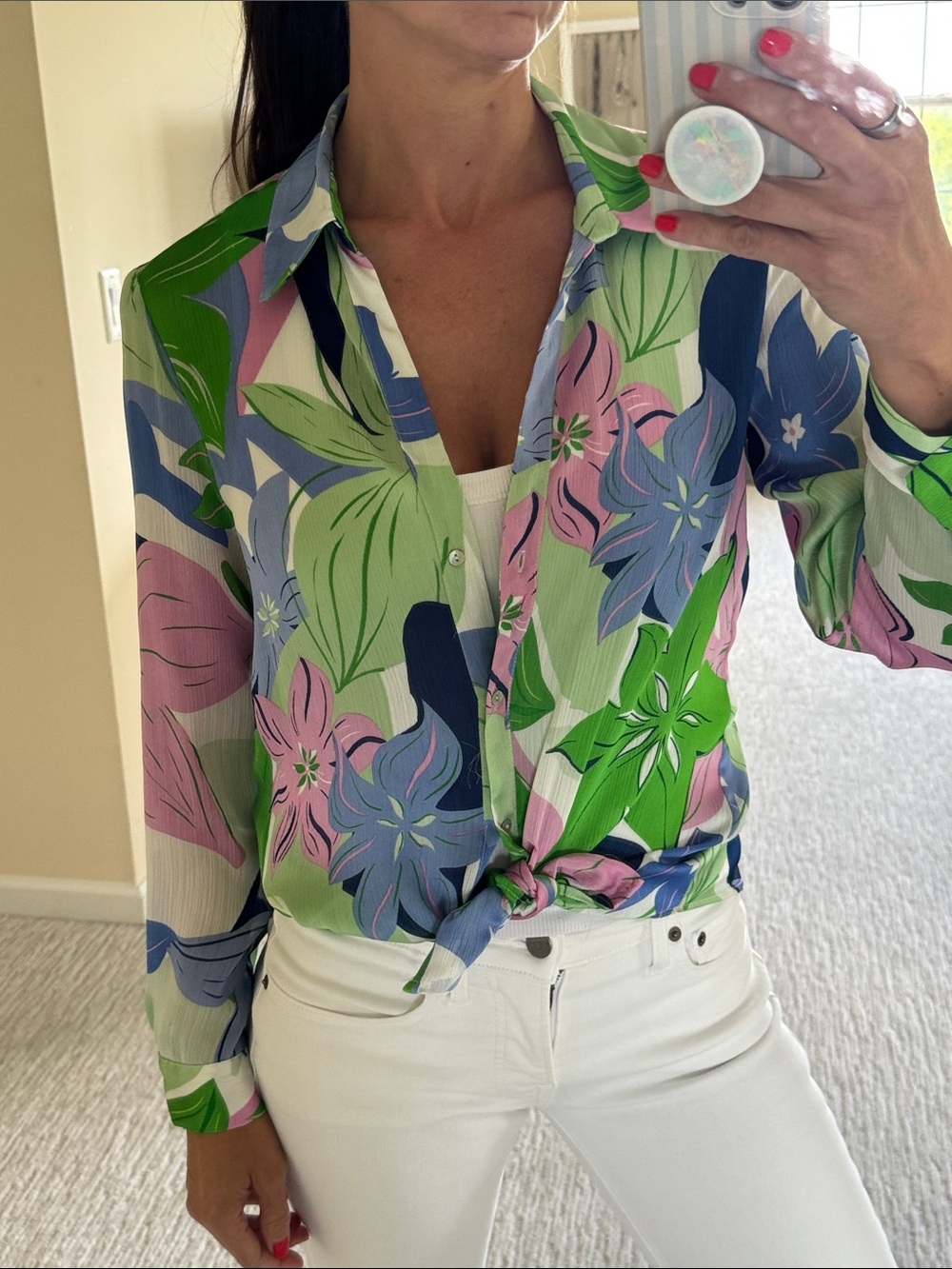 Zara Tropical Floral Button-Up Shirt in Green, Pink & Blue - Picture 2 of 6